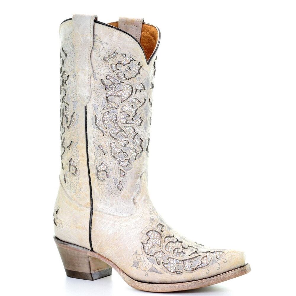 Corral Teens White Glitter Inlay & Embroidery Cowgirl Boots size 5